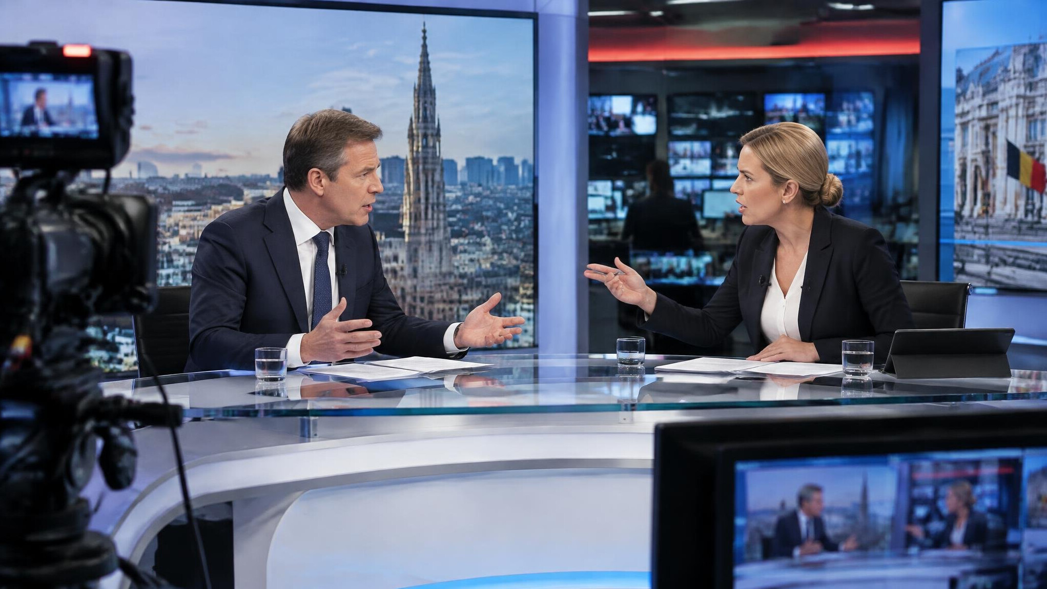 Two news presenters in tense discussion during a live TV broadcast